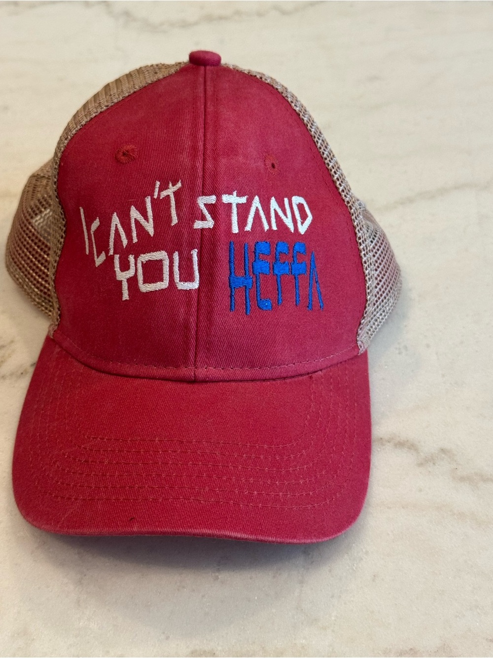 Red Mesh-Back Trucker Cap with Embroidered Slogan